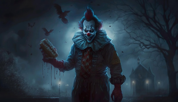 A creepy clown with a knife in his hand stands in front of a spooky halloween night