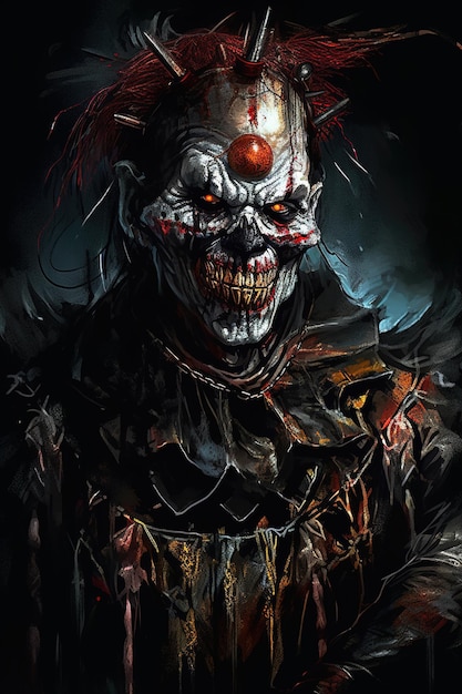 A creepy clown with red eyes and red eyes