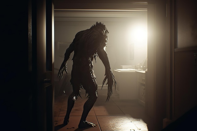 A creepy creature in a dark room with a light on the wall.