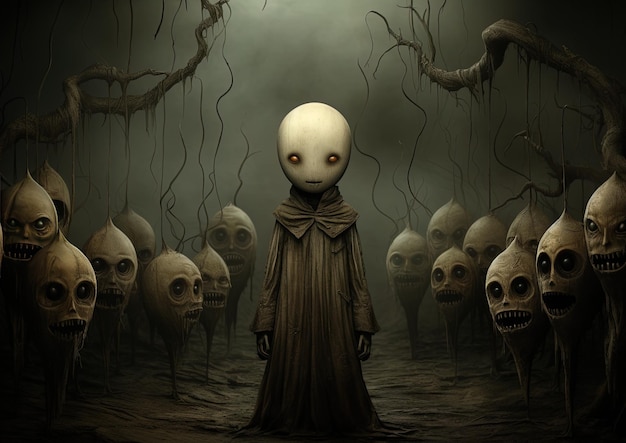 a creepy creature with a creepy face stands in a dark room with many skulls