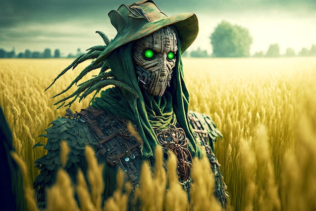 Creepy fantastic scarecrow with wires and burning eyes stands in field