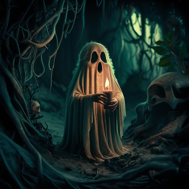 a creepy figure in a dark forest with a light in the background