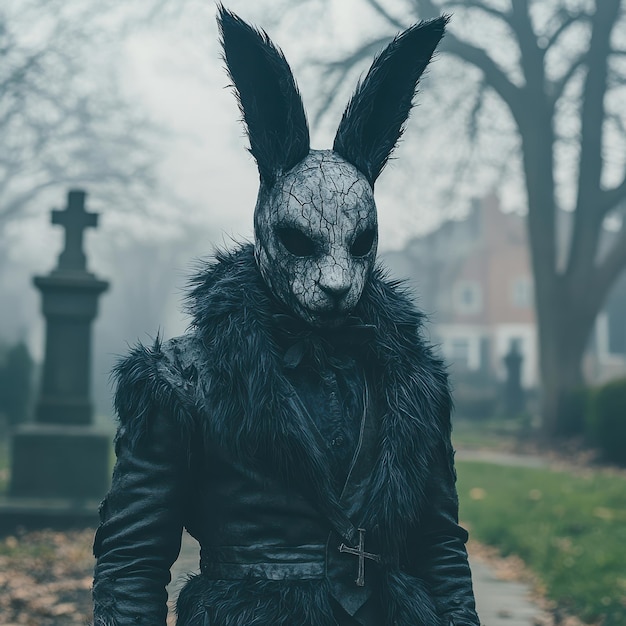 Photo a creepy figure wearing a cracked rabbit mask and dark fur coat stands in a foggy cemetery evoking