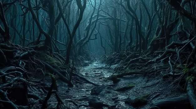 Creepy forest at night scary crooked trees in dark fairy tale wood generative AI