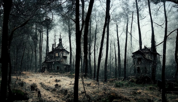 Creepy forest with abstract two neighbor houses digital painting tall old weathered collapsed cabins mysterious horror forest with fog fairy tale place spiderwebs and spiders