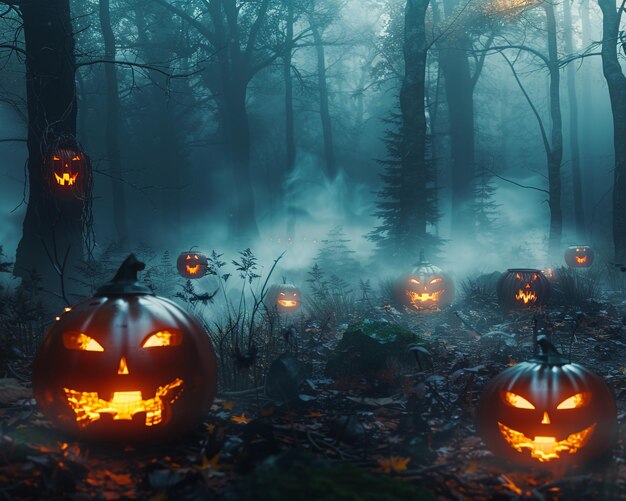 Creepy forest with fog rolling through and glowing jacklanterns