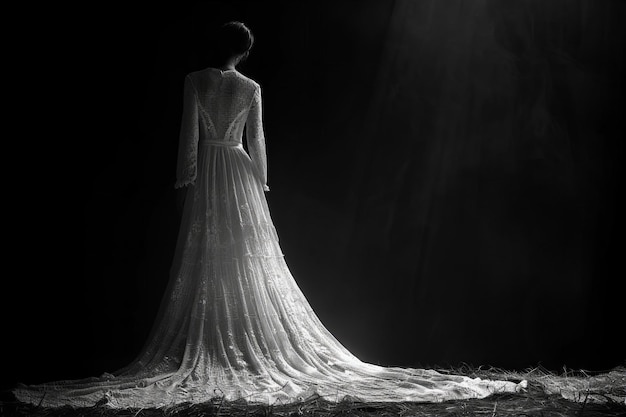 Creepy ghost woman in white gown standing behind you dark room horror scary creepy dark backgro