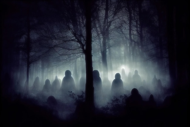 Creepy ghostly figures in dark foggy forest haunted by evil spirits halloween night 3d digital illustration