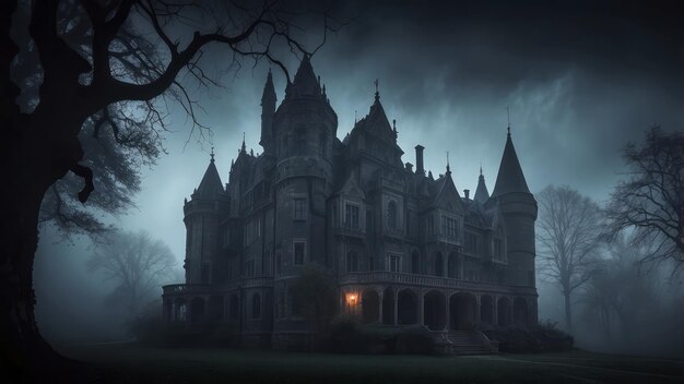 Photo a creepy gothic castle surrounded by foggy trees