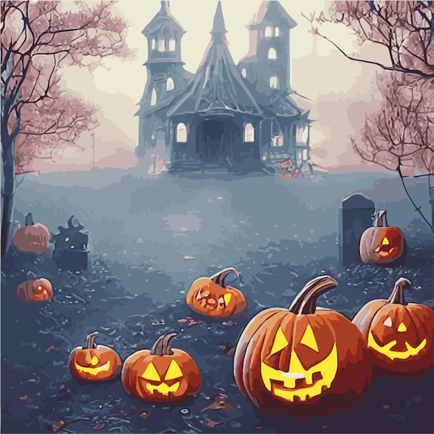 Creepy Halloween card Glowing pumpkins on the background of a spooky place with a fantasy style house Halloween party with pumpkins Vector illustration