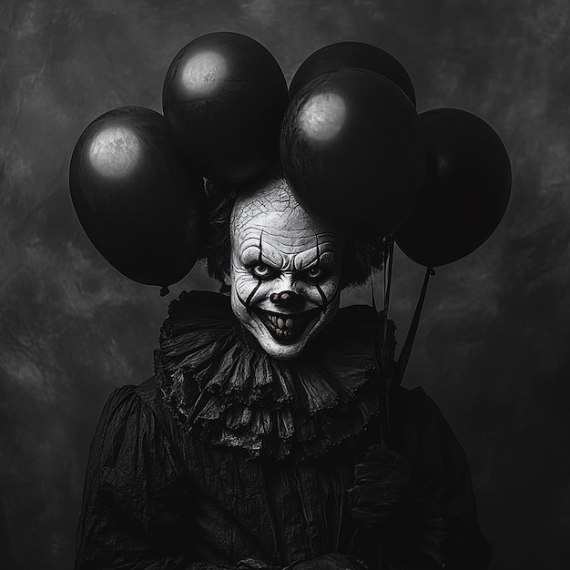 Photo creepy halloween clown with sinister smile and black balloons