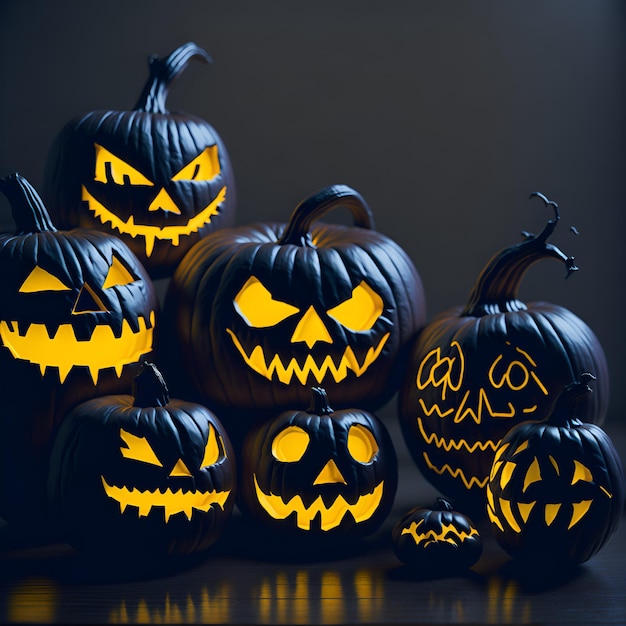 Creepy Halloween grinning pumpkins composition Generative Artificial Intelligence