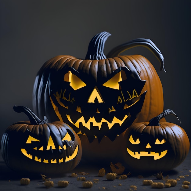 Creepy Halloween grinning pumpkins composition Generative Artificial Intelligence