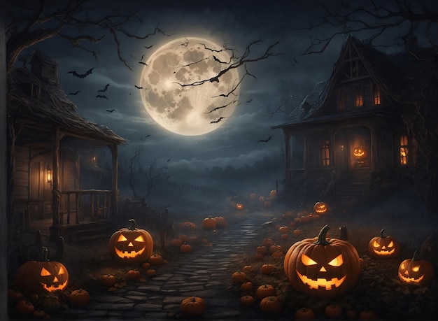 Creepy Halloween night scene with haunted houses bats jack o lantern pumpkins under the moonlight