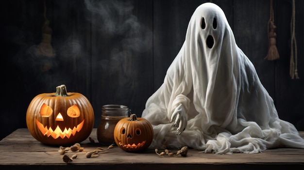 A creepy halloween pumpkin and a ghost on a wooden table