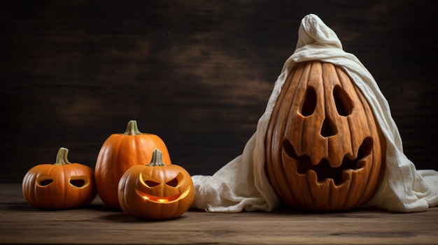 A creepy halloween pumpkin and a ghost on a wooden table