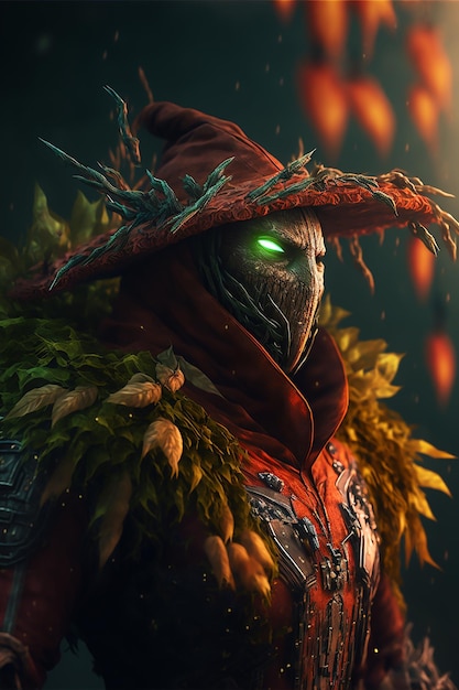 A creepy Halloween Scarecrow character in hollow face and classic costumes with a witch hat on it