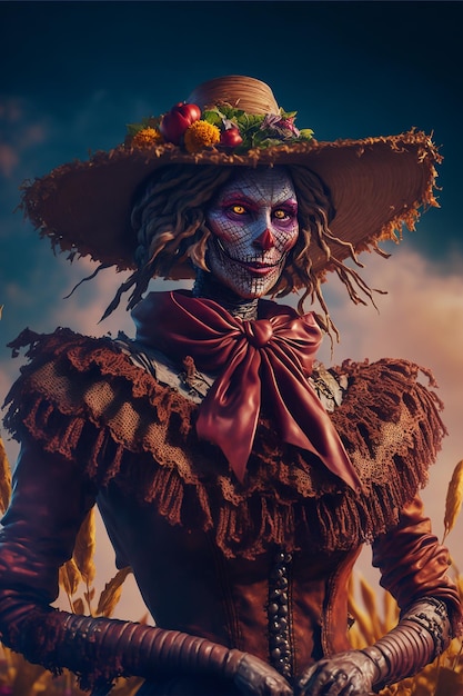 A creepy Halloween Scarecrow character in hollow face and classic costumes with a witch hat on it