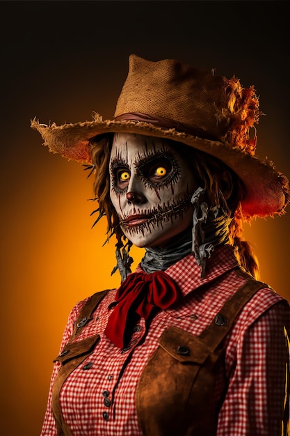 A creepy Halloween Scarecrow character in hollow face and classic costumes with a witch hat on it