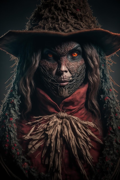 A creepy Halloween Scarecrow character in hollow face and classic costumes with a witch hat on it