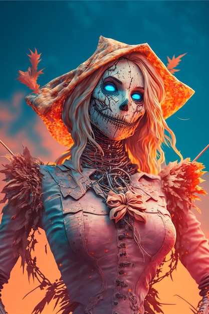 A creepy Halloween Scarecrow character in hollow face and classic costumes with a witch hat on it