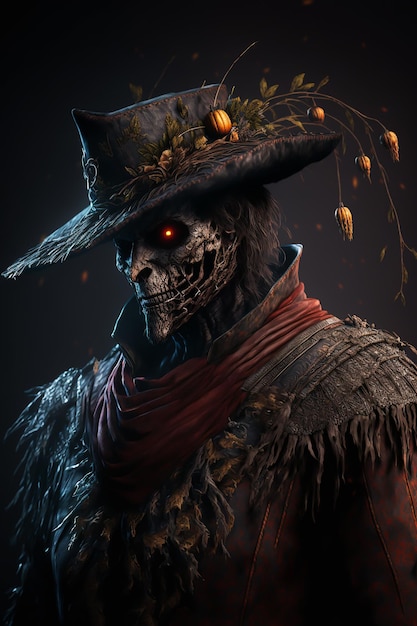 A creepy Halloween Scarecrow character in hollow face and classic costumes with a witch hat on it