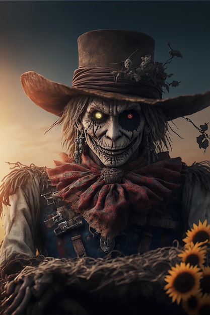 A creepy Halloween Scarecrow character in hollow face and classic costumes with a witch hat on it