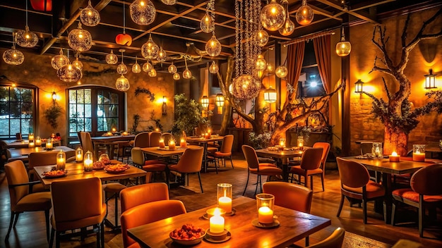 Creepy Halloween themed restaurant at night with spooky decor and dim lighting festive candles ghouls pumpkins ghosts jackolanterns spooky themed decor haunted dining