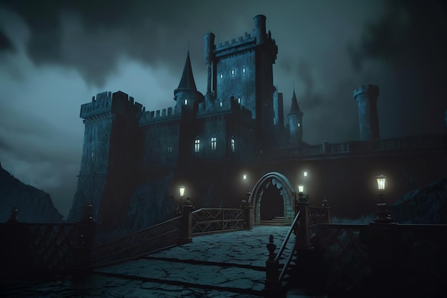 Creepy haunted castle at night old spooky dark city on Halloween generative AI