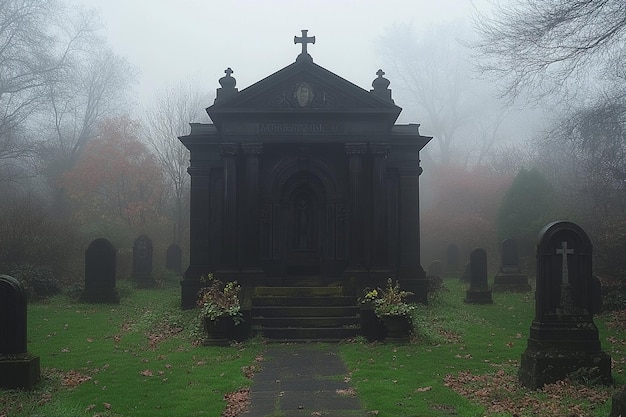 Photo creepy haunted mausoleum with dark shadowy corners and eerie fog