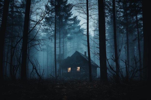 A creepy house in the middle of a spooky forest at night