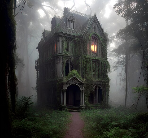 a creepy house with a green mossy roof sits in the woods