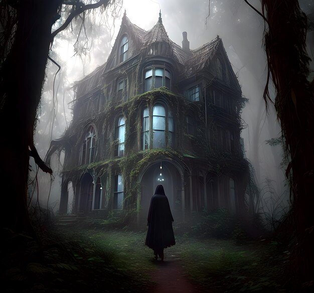 a creepy house with a man standing in front of a spooky house