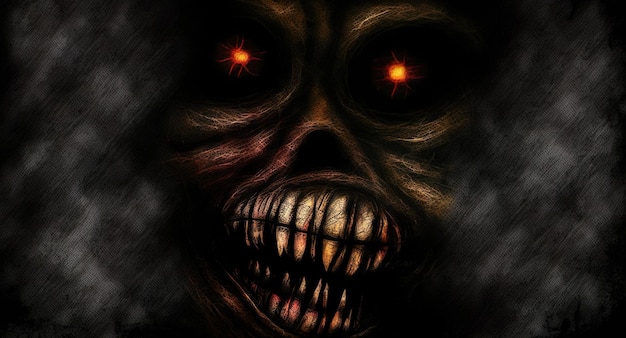 A creepy image of a zombie with glowing eyes and a glowing orange eye