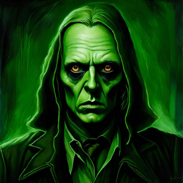 Creepy man in green suit with scary face Halloween concept