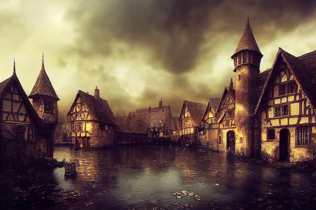 Creepy medieval fantasy village digital illustration