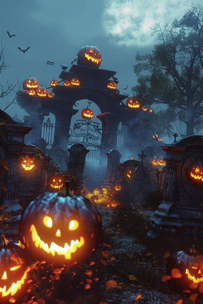 Creepy old cemetery with glowing pumpkins and dense Halloween mist