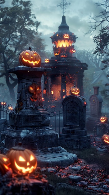 Creepy old graveyard with glowing jacklanterns and Halloween mist