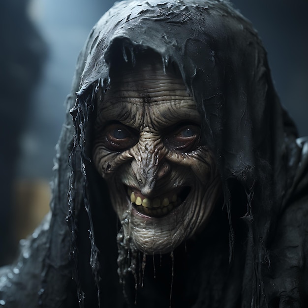 Creepy old hag with wicked smile horror vibrant colors for horror movie