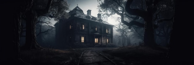 Creepy old house in black and white hidden in the forest with a full moon background