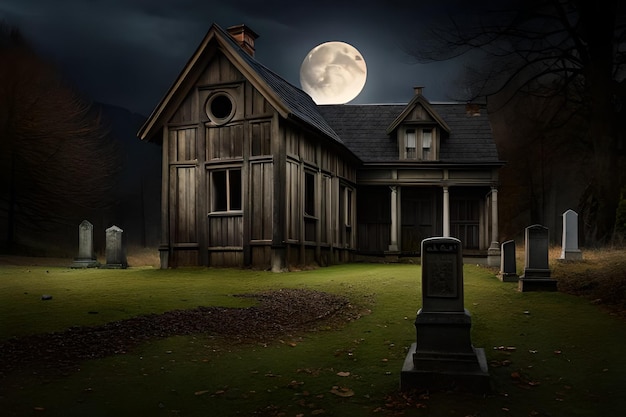 A creepy old house with a full moon in the background