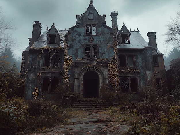 a creepy old house with a large clock on the front