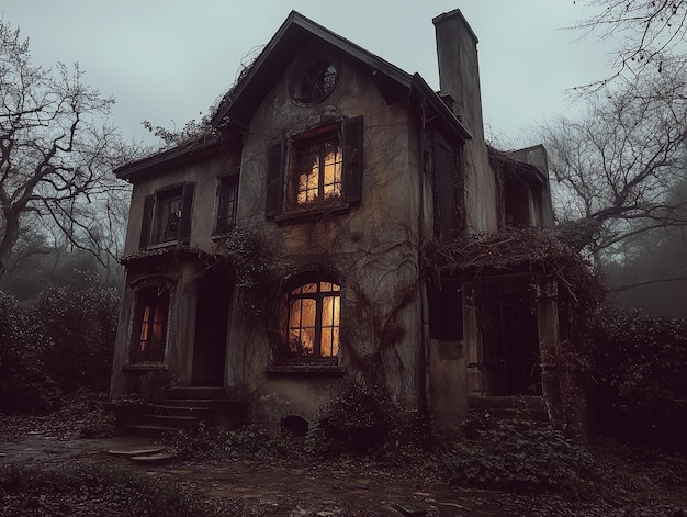 a creepy old house with a large window that says  the light is on the window