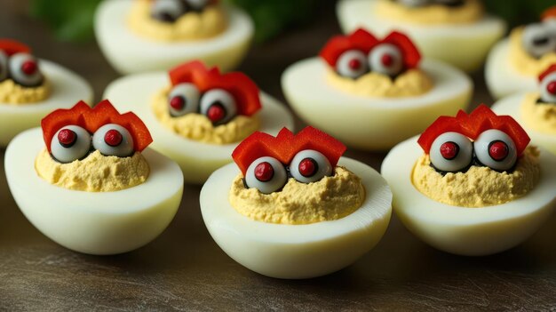 Photo creepy paper cut deviled eggs with eyeballs made of olives and red peppers