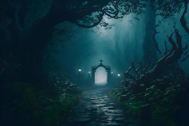 Creepy path through a scary gloomy forest Curved old trees along a dirt road Fantasy magical forest wet fog