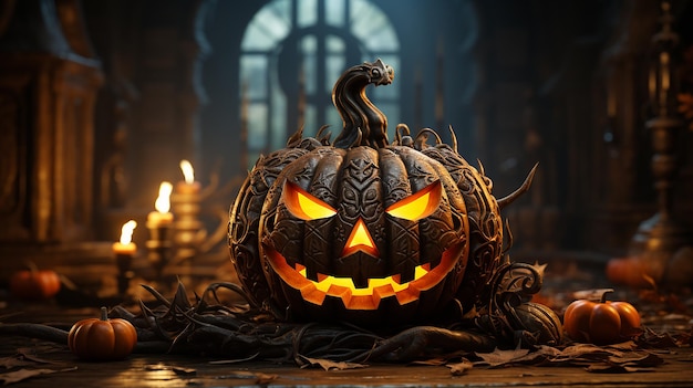 Creepy Pumpkin Lantern with Candlelight on Wooden Background