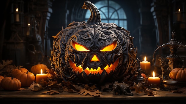 Creepy Pumpkin Lantern with Candlelight on Wooden Background