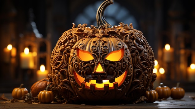 Creepy Pumpkin Lantern with Candlelight on Wooden Background