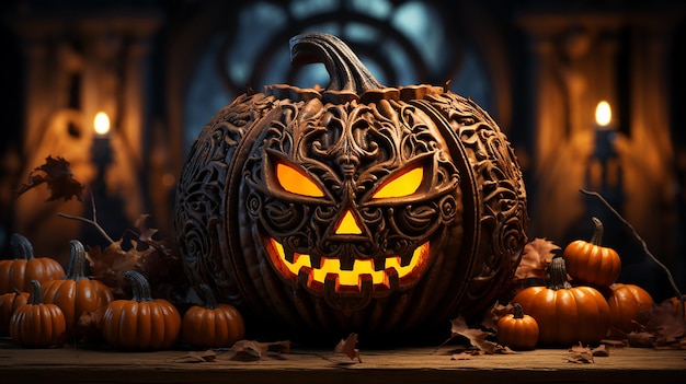 Creepy Pumpkin Lantern with Candlelight on Wooden Background