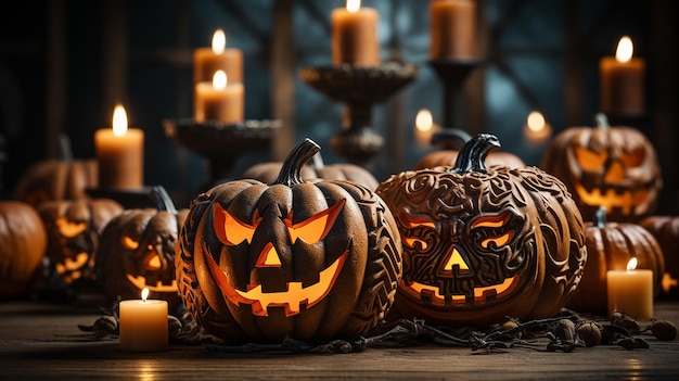 Creepy Pumpkin Lantern with Candlelight on Wooden Background